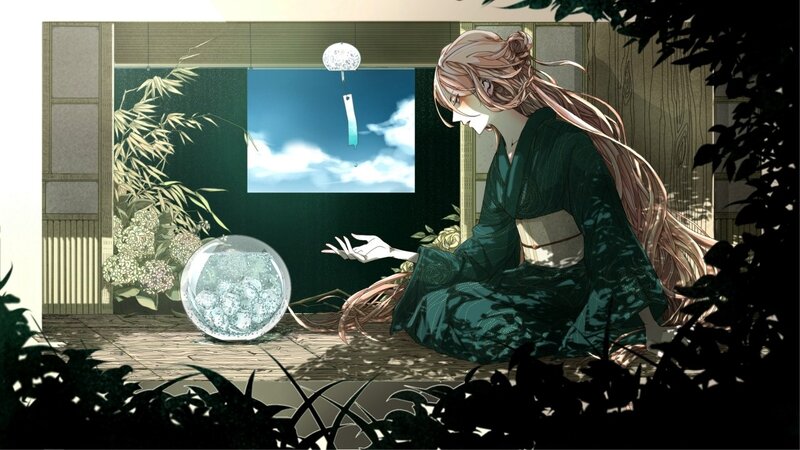 woman in kimono with fishbowl