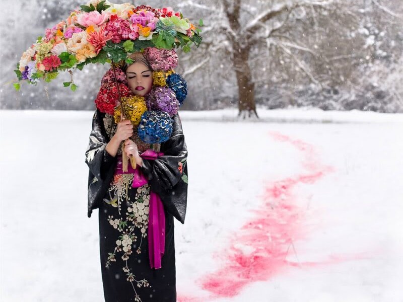Woman in Kimono with Flowers — Black, Dramatic