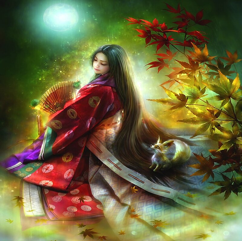 Woman in Kimono with Fox — Red, Serene, Autumn, Digital Art