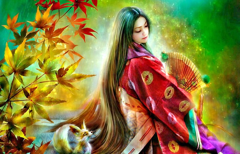 Woman in Kimono with Fox — Red, Serene, Autumn