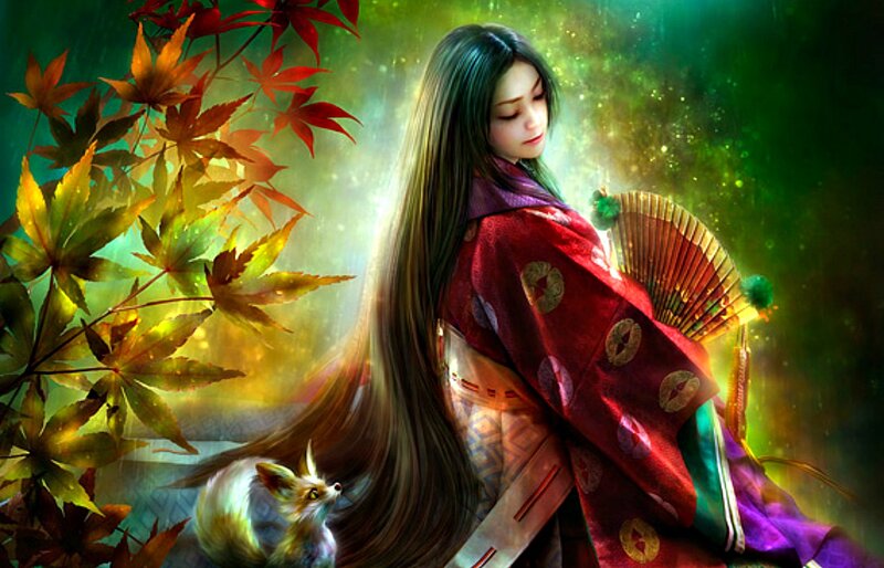 Woman in Kimono with Fox — Red, Serene