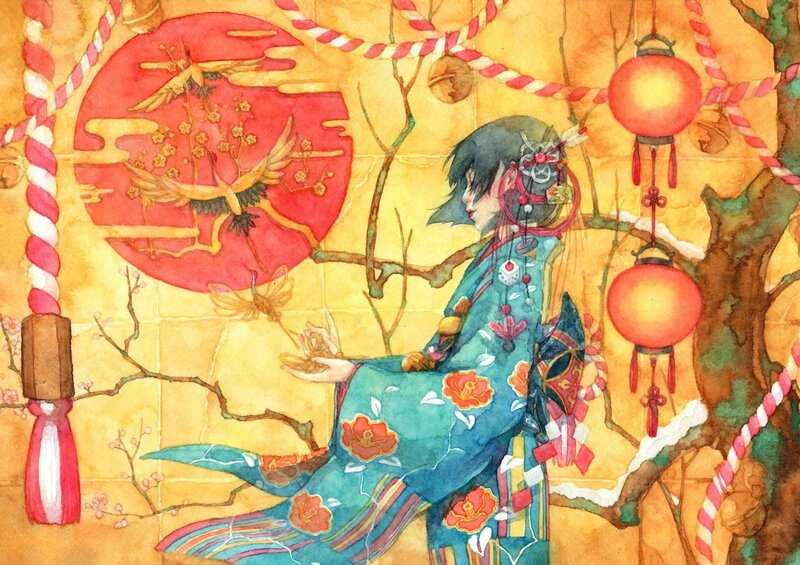 Woman in kimono with lanterns