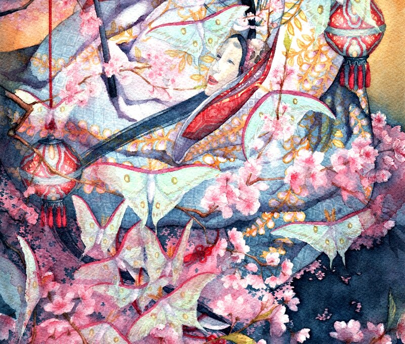Woman in Kimono with Moths