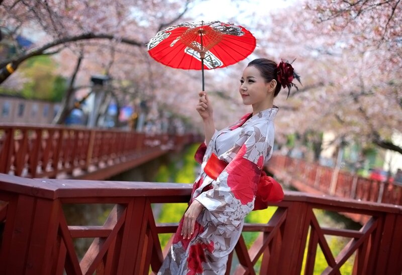 Woman in kimono with parasol