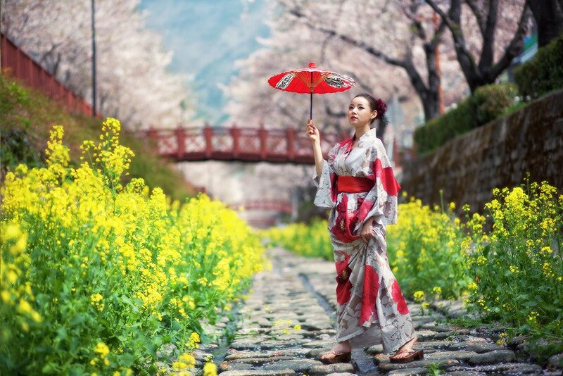 Woman in kimono with parasol