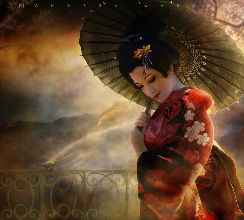 Woman in Kimono with Parasol — Red