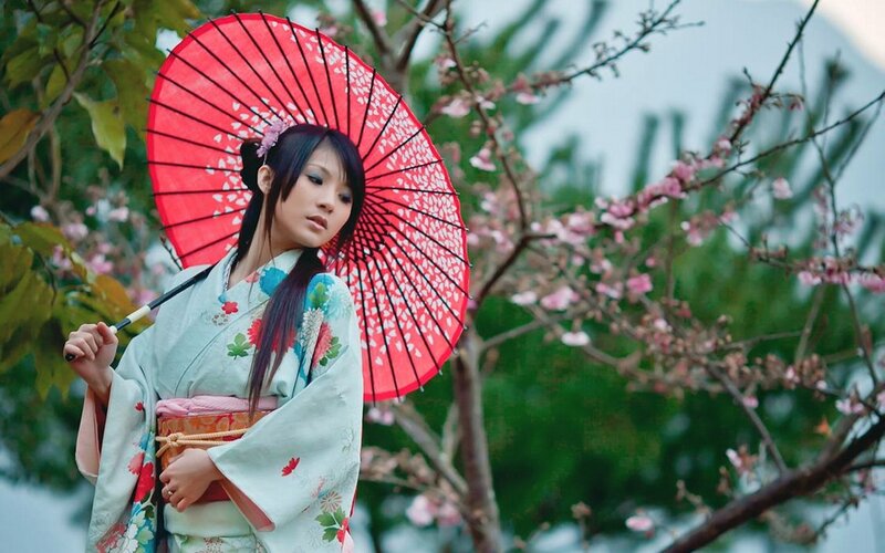 Woman in kimono with red parasol