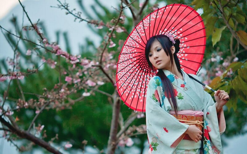 Woman in kimono with red parasol