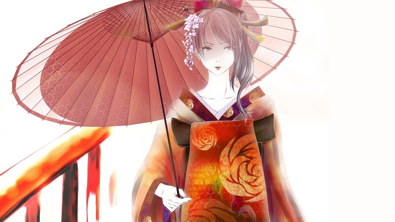 woman in kimono with red umbrella
