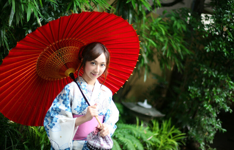 Woman in kimono with red umbrella