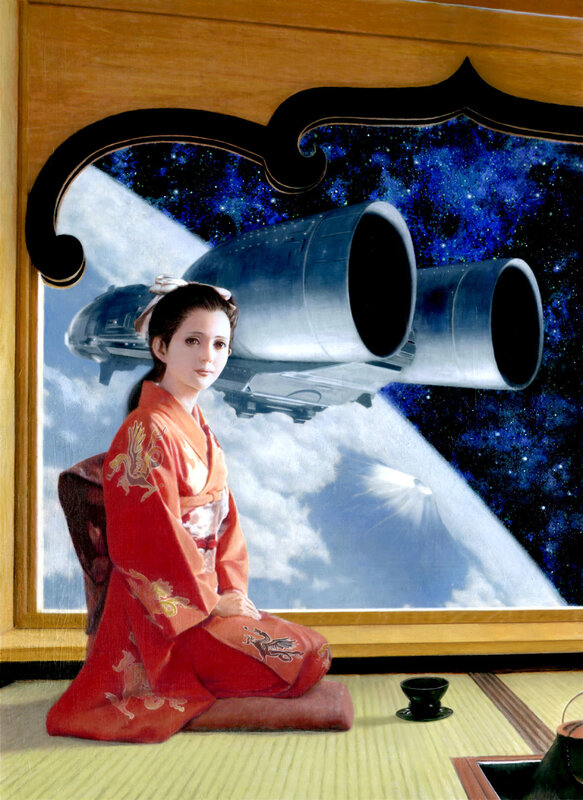 Woman in kimono with spaceship