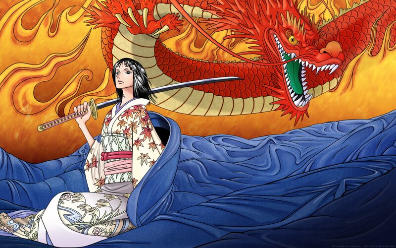 Woman in Kimono with Sword — Blue