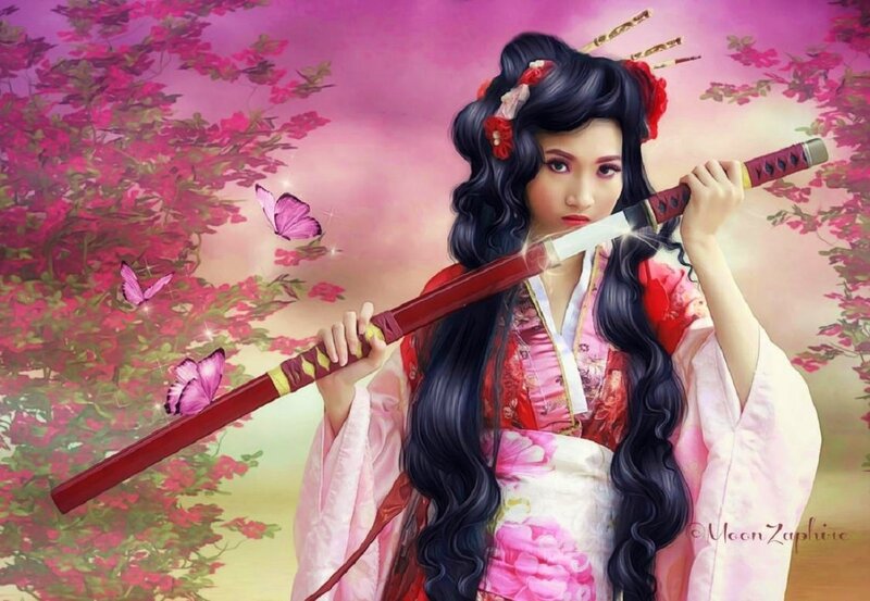Woman in Kimono with Sword — Pink, Dramatic