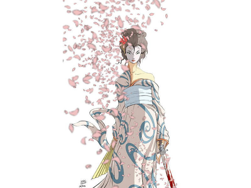 Woman in Kimono with Sword — Pink