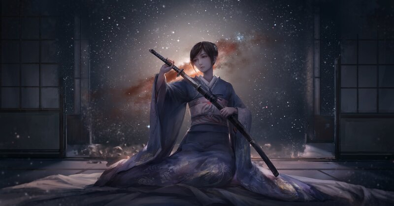 Woman in Kimono with Sword — Purple
