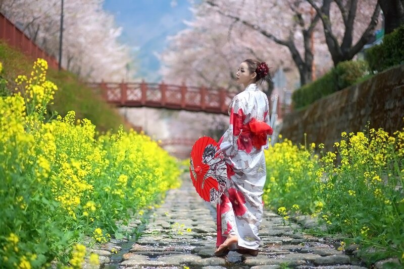 Woman in kimono with umbrella