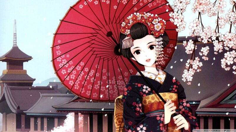 Woman in Kimono with Umbrella — Black, Serene