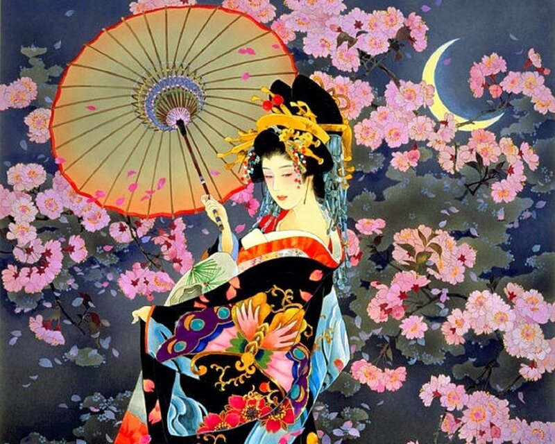 Woman in Kimono with Umbrella — Black