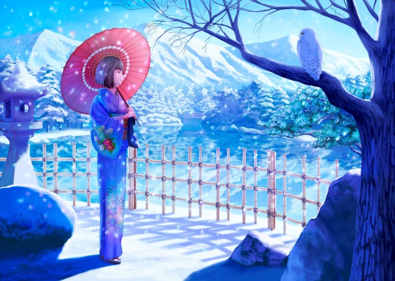 Woman in Kimono with Umbrella — Blue