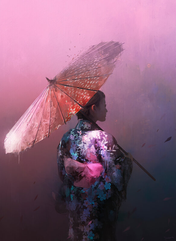 Woman in Kimono with Umbrella — Pink, Serene, Sunset