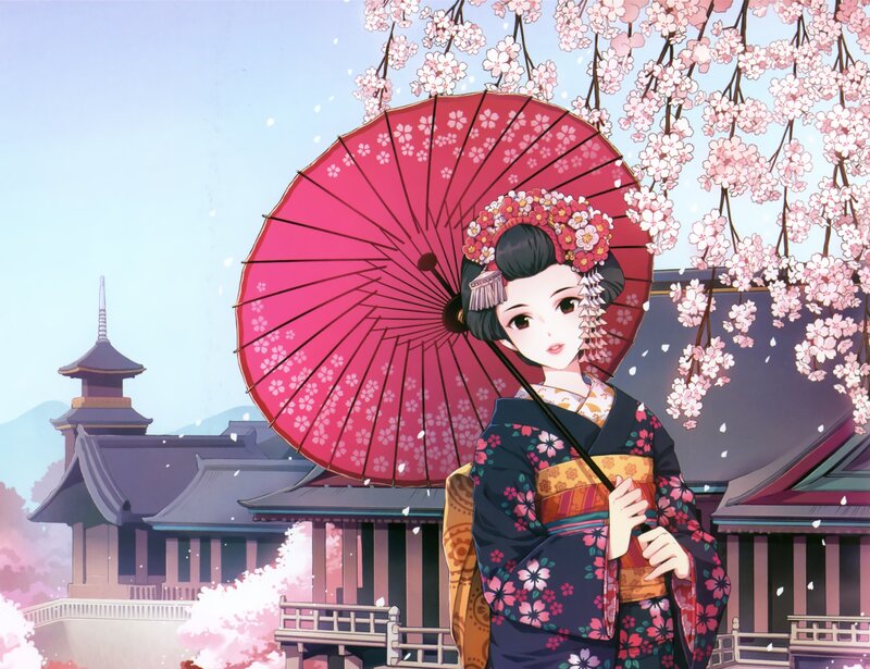 Woman in Kimono with Umbrella — Pink, Serene