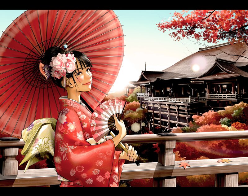 Woman in Kimono with Umbrella — Red, Serene, Autumn