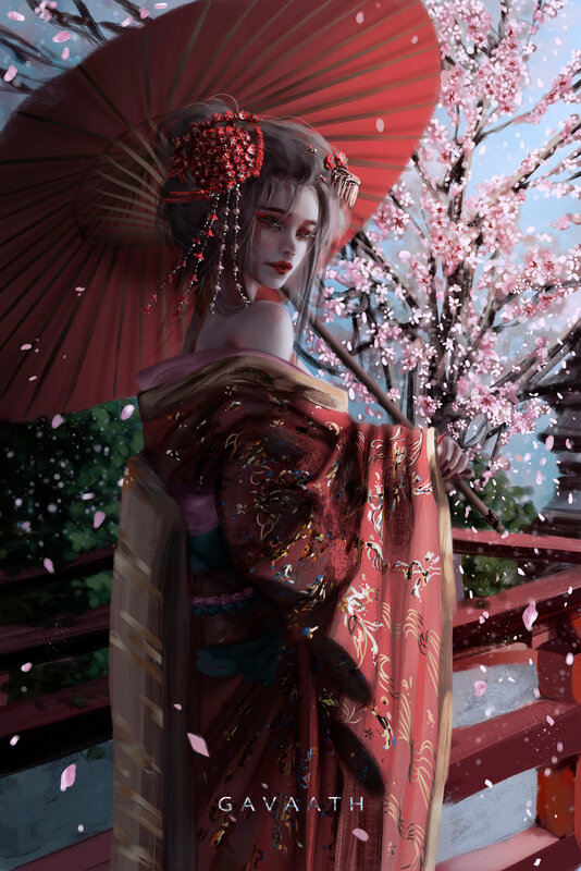 Woman in Kimono with Umbrella — Red, Serene, Spring, Digital Art