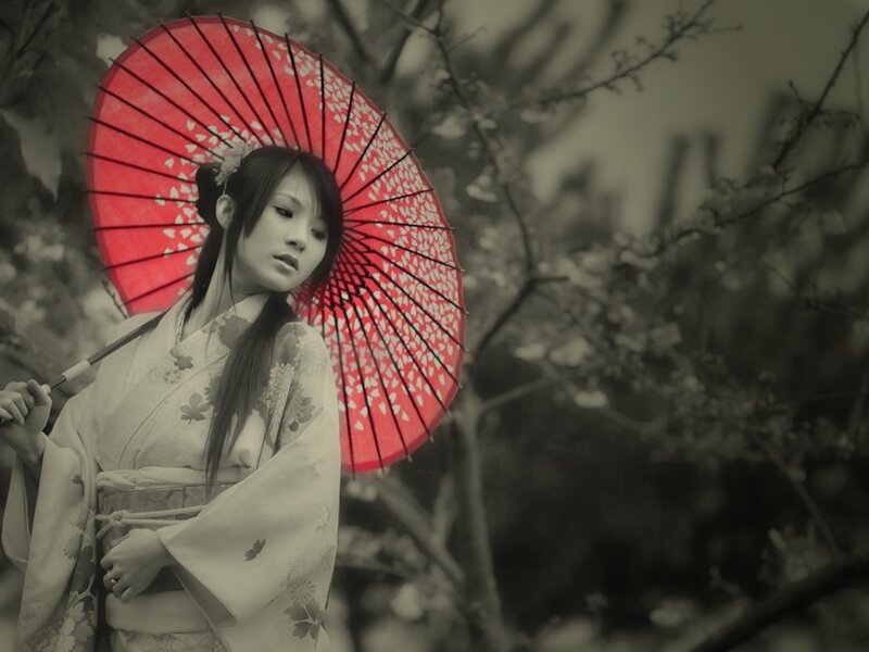 Woman in Kimono with Umbrella — Red, Serene, Spring, Photograph