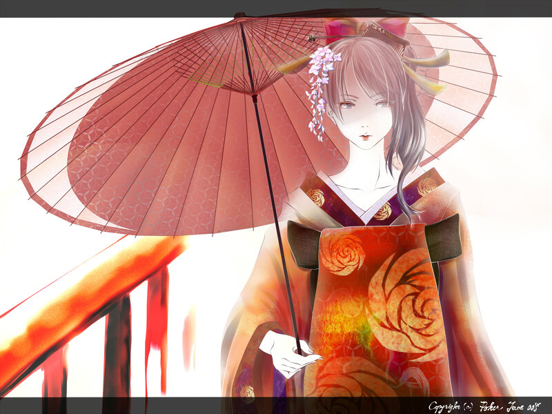 Woman in Kimono with Umbrella — Red