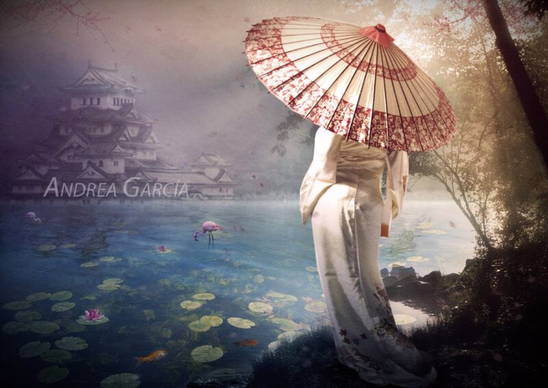 Woman in Kimono with Umbrella — White