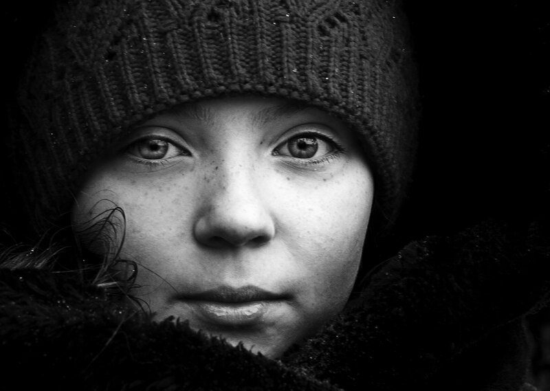 Woman in Knit Hat — Black, Serious