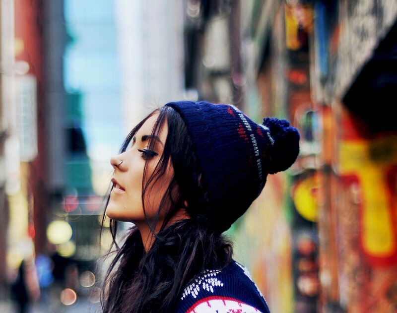 Woman in Knit Hat — Blue, Contemplative