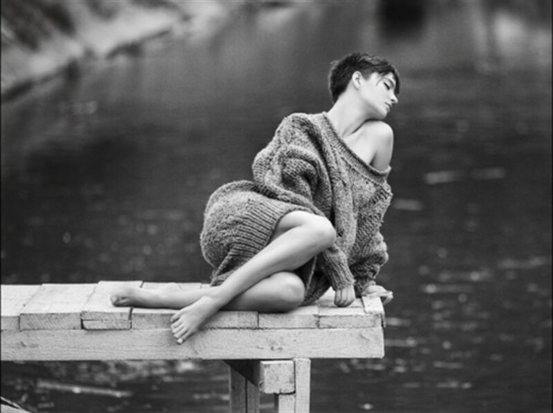 Woman in Knitted Sweater — Black, Contemplative