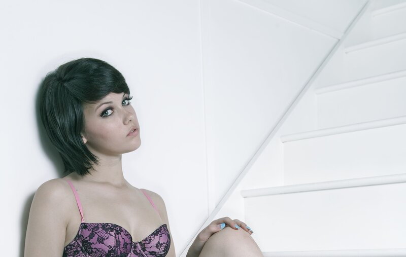 Woman in Lace Bra — White, Neutral, Photograph, Stairs