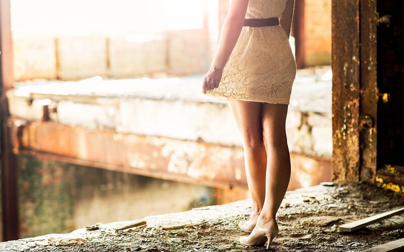 Woman in Lace Dress — Beige, Dramatic, Sunset, Photograph, High Heels