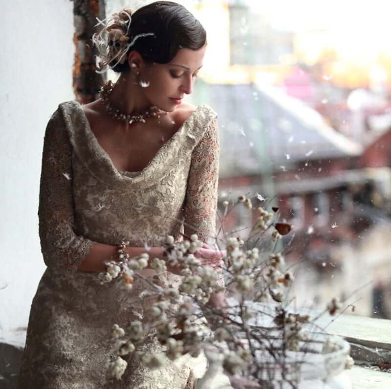 Woman in Lace Dress — Beige, Serene, Winter