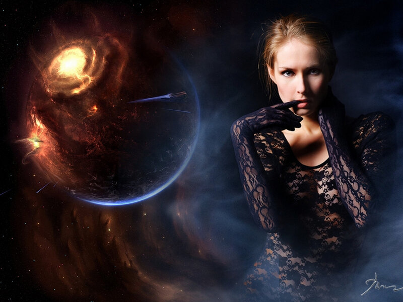 Woman in Lace Dress — Black, Dramatic, Night, Digital Art