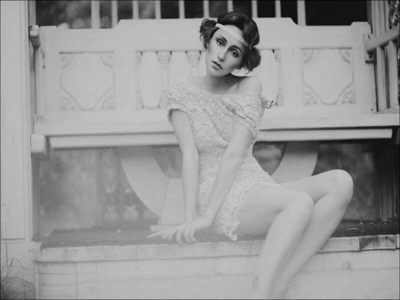 Woman in Lace Dress — Black, Dramatic, Photograph, Bench