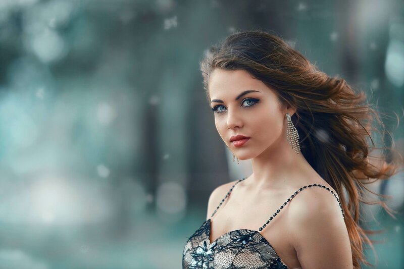 Woman in Lace Dress — Black, Dramatic, Photograph, Lace Dress, Earrings, Hair
