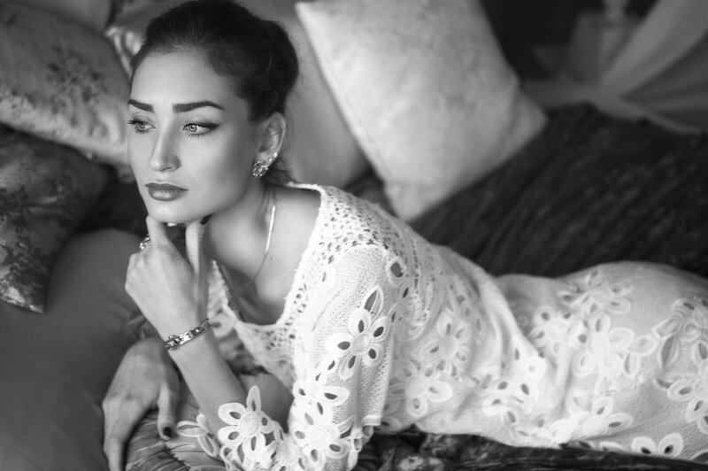 Woman in Lace Dress — Black, Dramatic, Photograph, Pillows