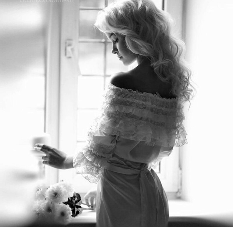 Woman in Lace Dress — Black, Serene, Morning