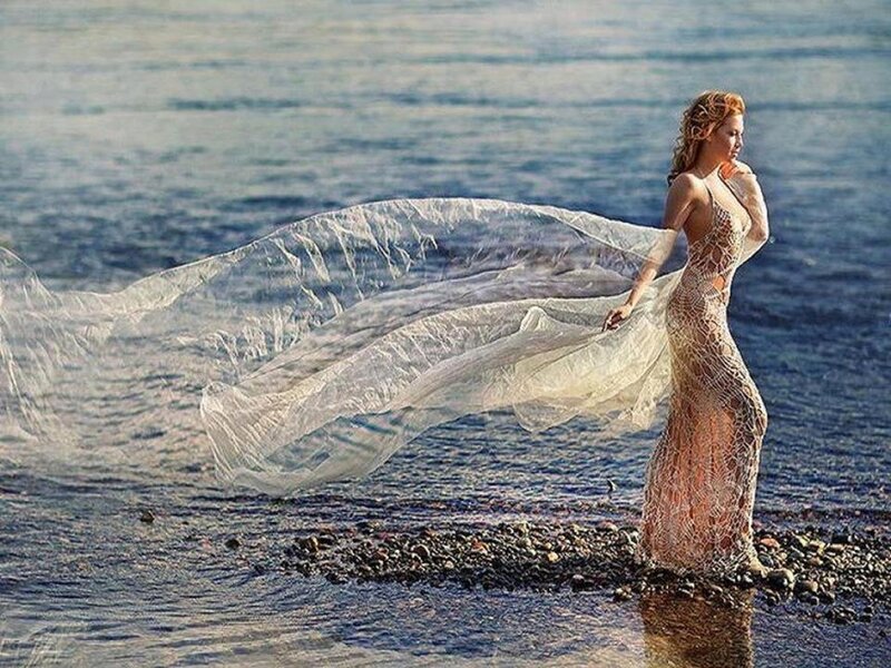 Woman in Lace Dress — Blue, Serene, Afternoon