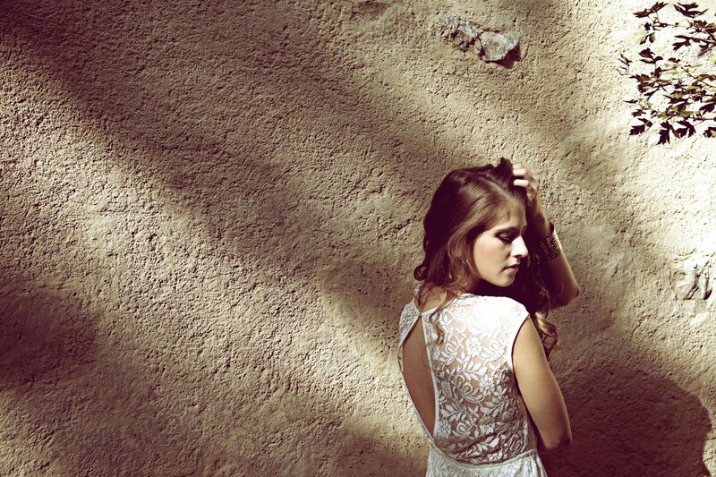 Woman in Lace Dress — Brown, Dramatic, Afternoon, Photograph, Wall