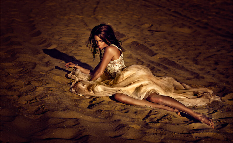 Woman in Lace Dress — Brown, Dramatic, Night