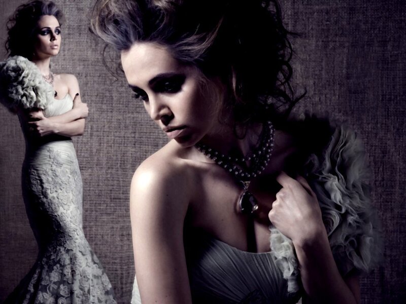 Woman in Lace Dress — Gray, Dramatic, Photograph