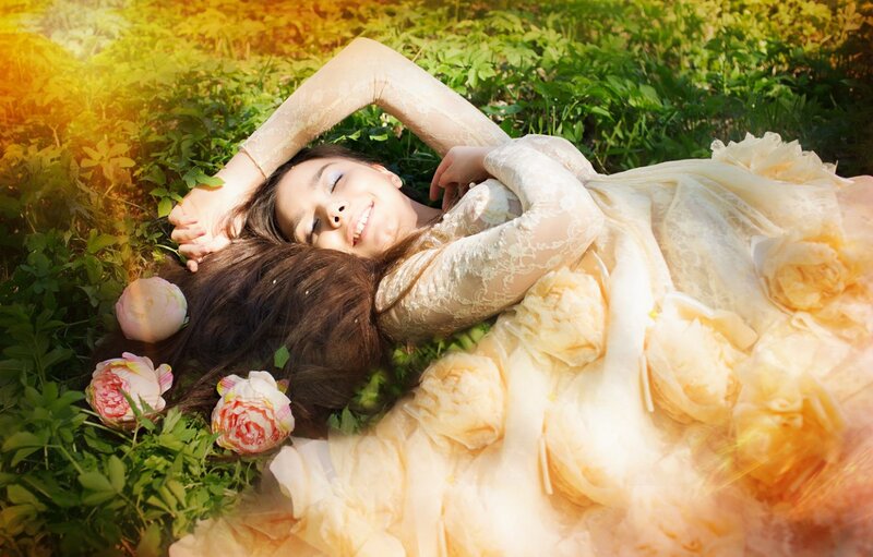 Woman in Lace Dress — Green, Serene, Afternoon, Photograph, Flowers