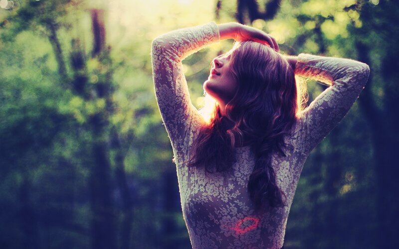 Woman in Lace Dress — Green, Serene, Sunset, Photograph, Forest