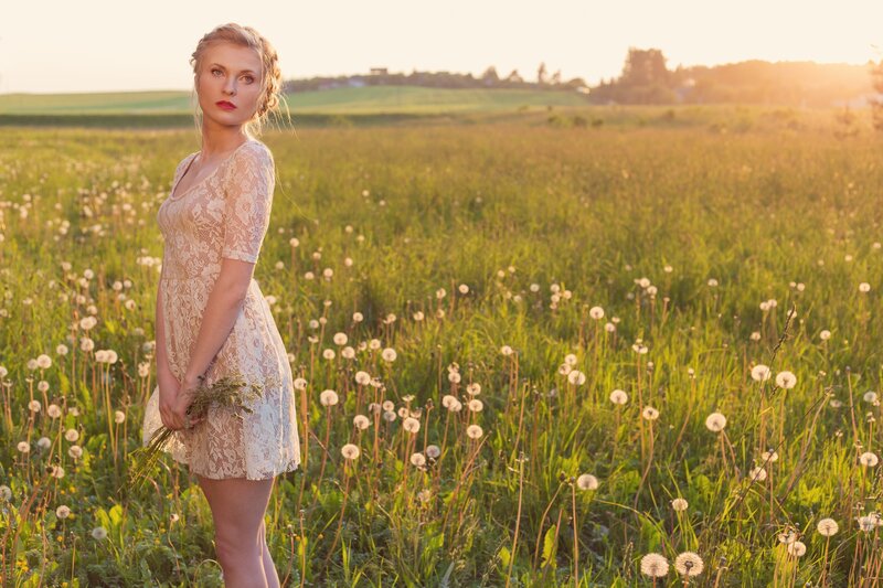 Woman in Lace Dress — Green, Serene, Sunset