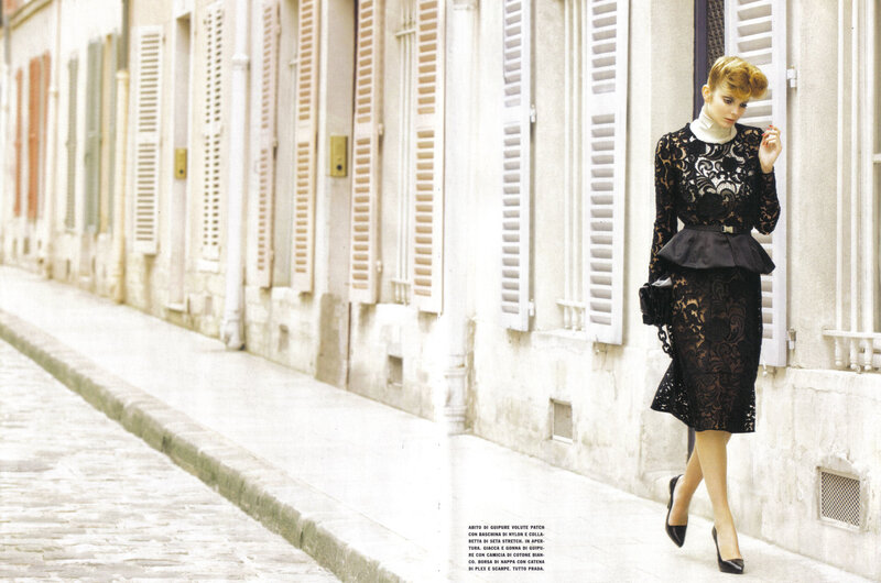 woman in lace dress on street
