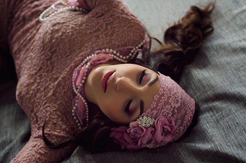 Woman in Lace Dress — Pink, Serene, Photograph, Pearl Necklace